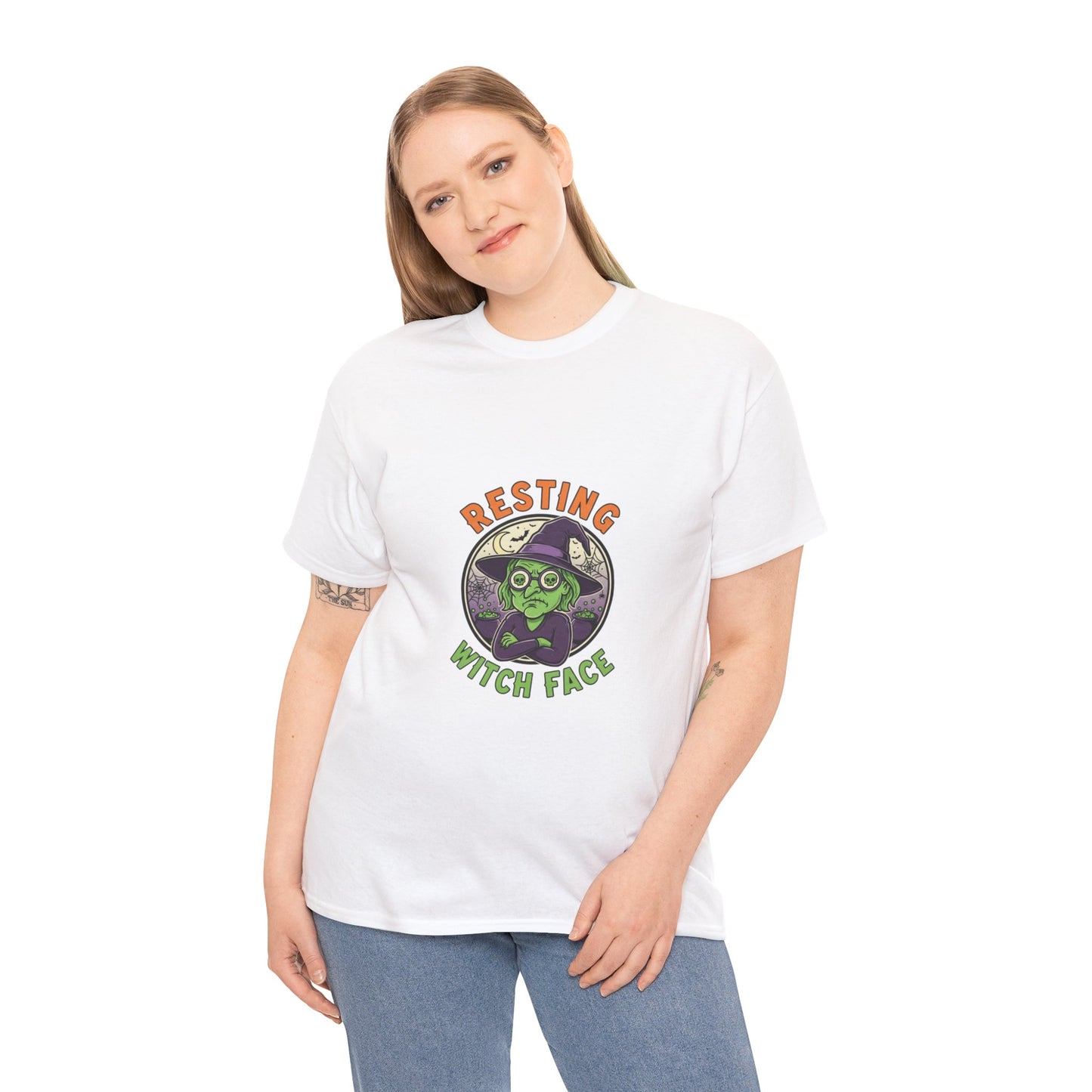 Resting Witch Face Unisex Heavy Cotton Tee, Funny Halloween T-Shirt, Spooky Apparel, Witch Theme, Gifts for Her